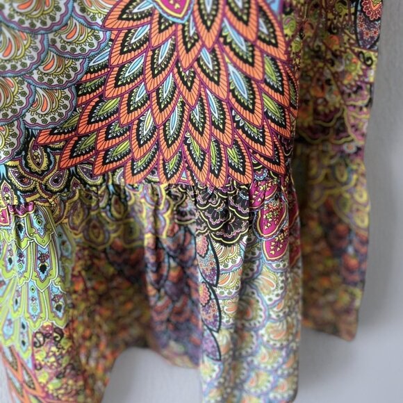 PRELUDE Colorful Print Bell Sleeve Shift Ruffle Trim Dress With Slip Size 10 - Picture 6 of 9